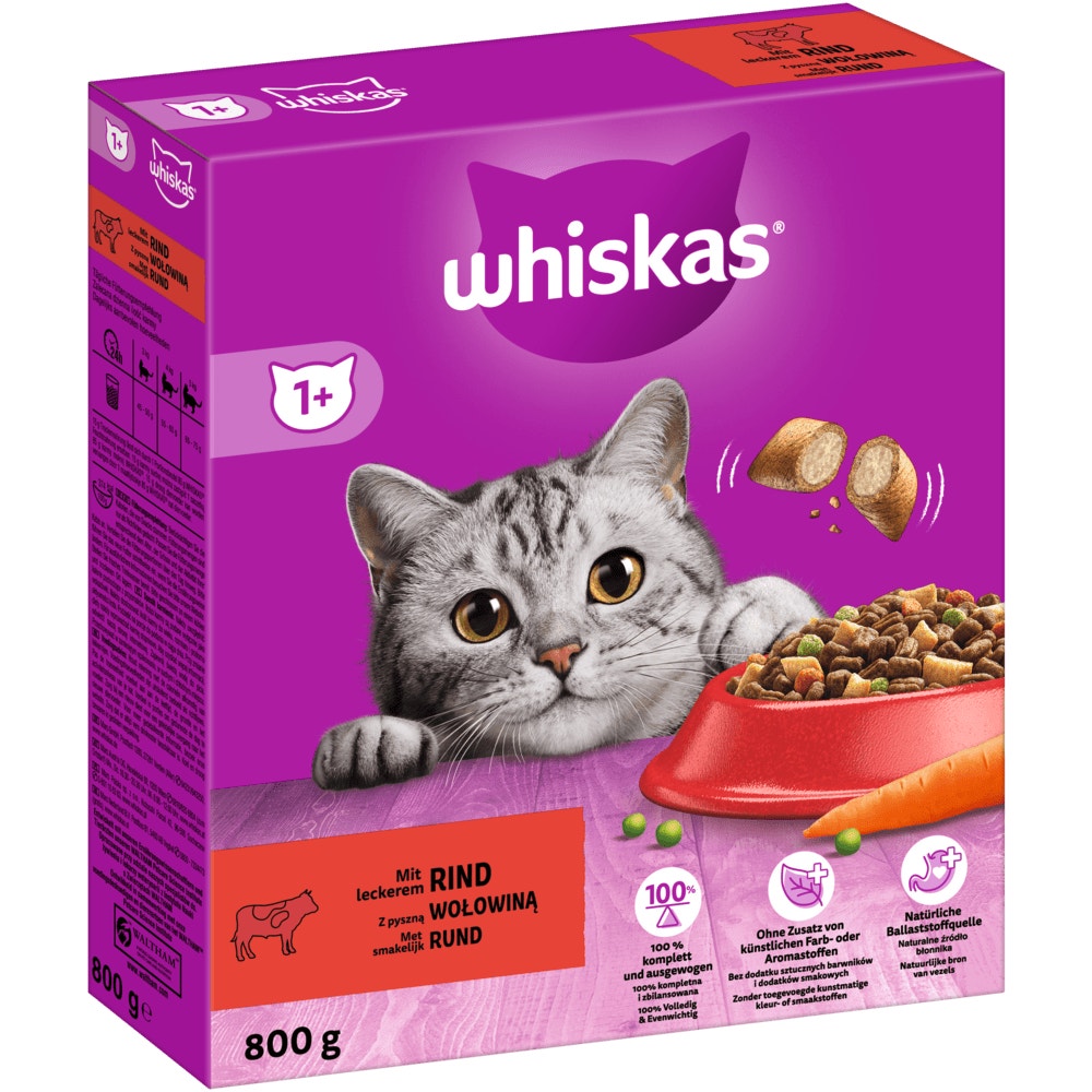WHISKAS® 1+ Rind, Trockenfutter, 800g & 3,8kg - 1
