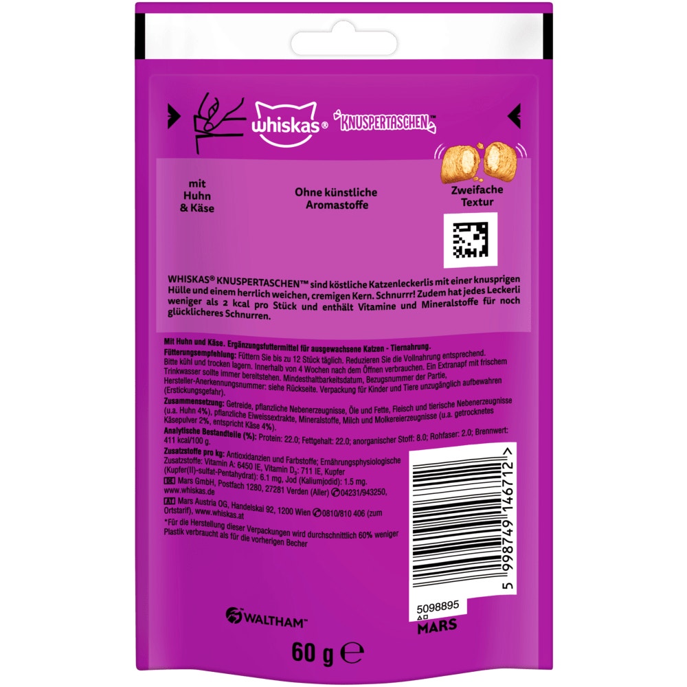 WHISKAS® KNUSPERTASCHEN™ Huhn & Käse, 60 & 180g - 2