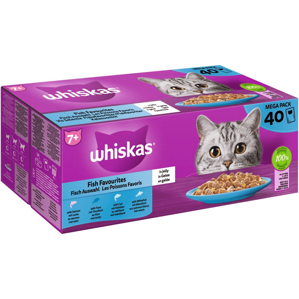 WHISKAS® 7+ Fisch Auswahl 4 Varietäten in Gelee, Multipack 40 x 85g - 1