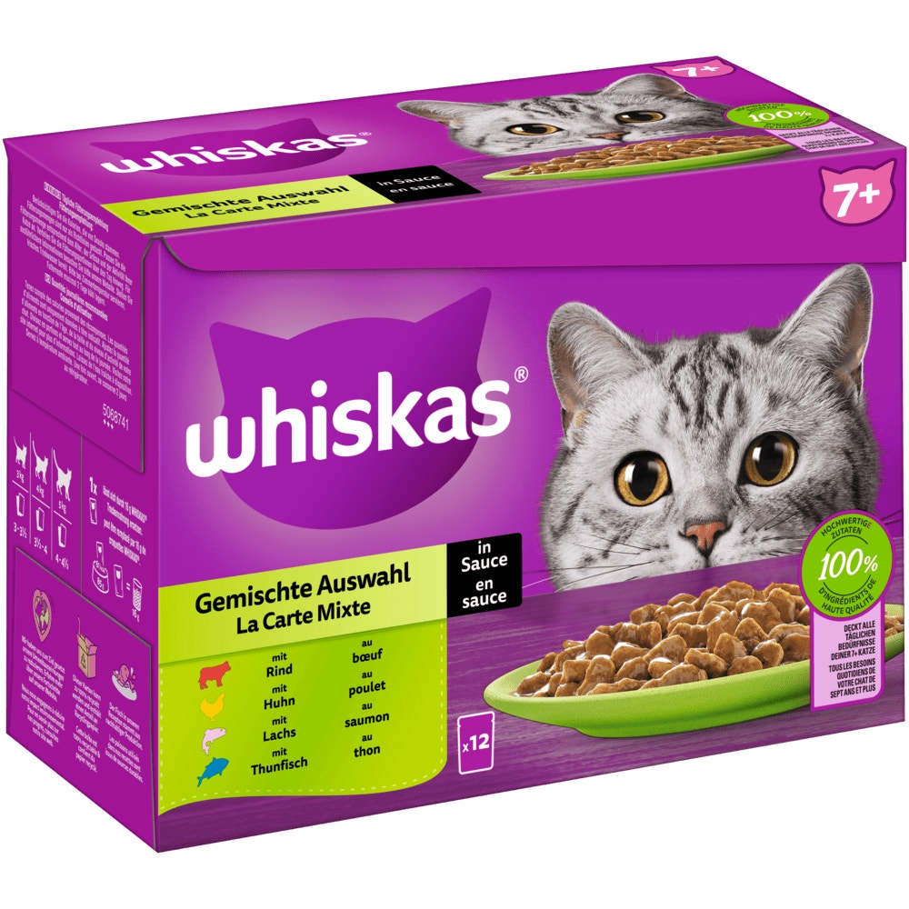 WHISKAS® 7+ Gemischte Auswahl 4 Varietäten in Sauce, Multipack 12 x 85g - 1