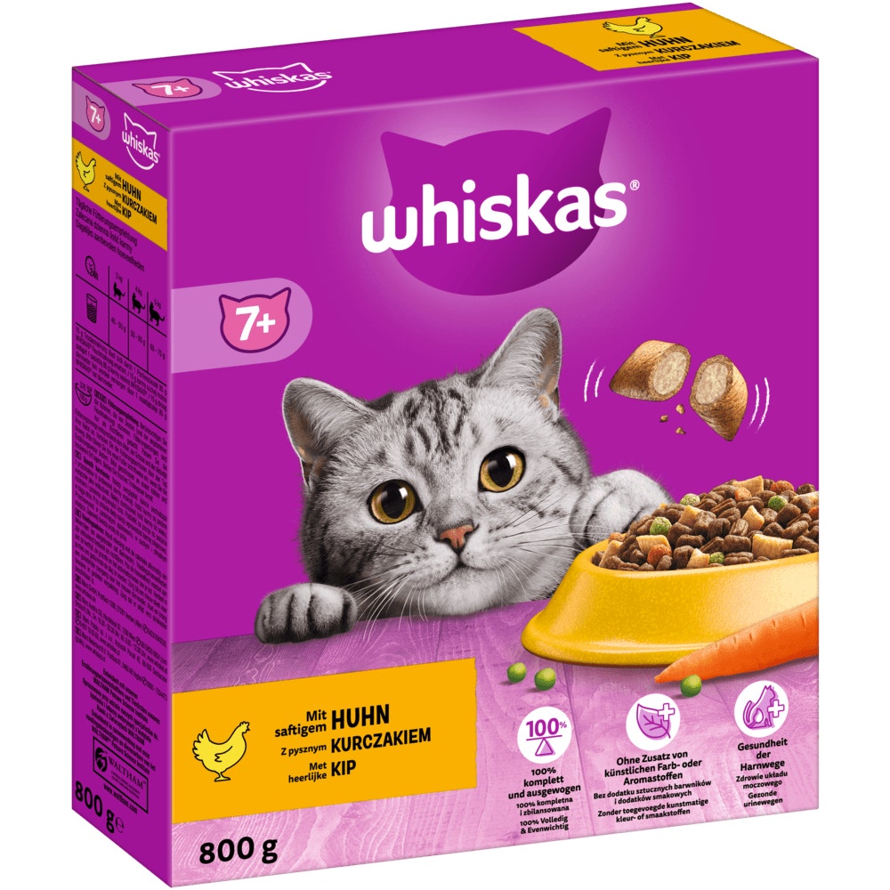 WHISKAS® 7+ Huhn, Trockenfutter, 800g & 1,9kg - 1