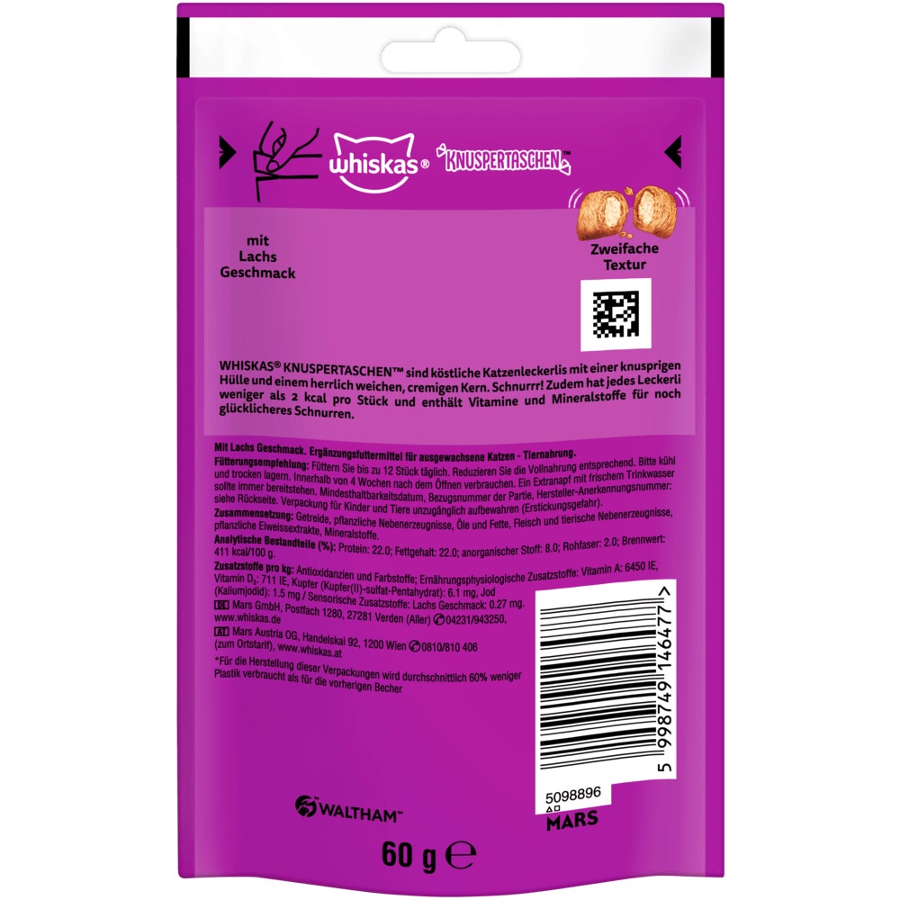 WHISKAS® KNUSPERTASCHEN™ Lachs Geschmack, 60 & 180g - 2