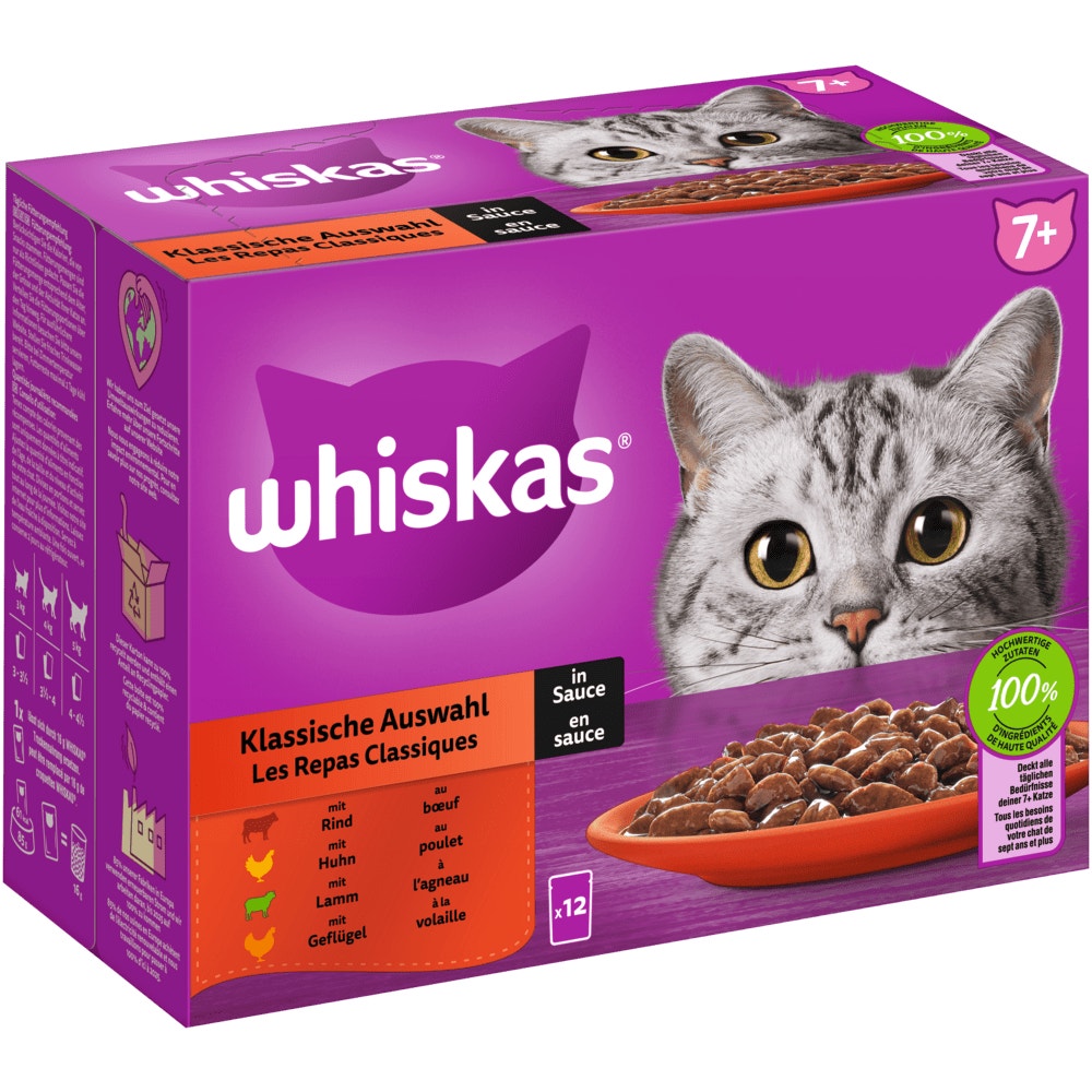 WHISKAS® 7+ Klassische Auswahl in Sauce, Multipack 12 x 85g - 1