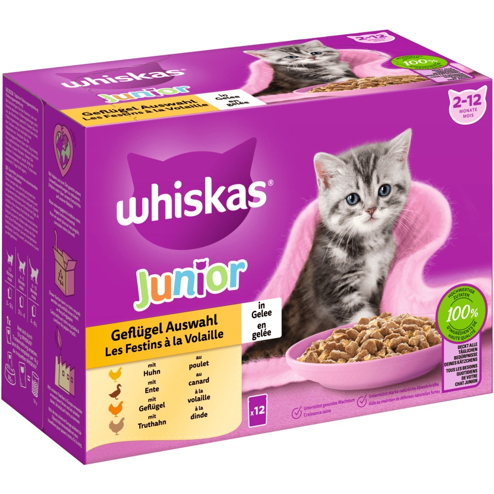 WHISKAS® Junior Geflügel Auswahl 4 Varietäten in Gelee, 12 & 40 x 85g - 1