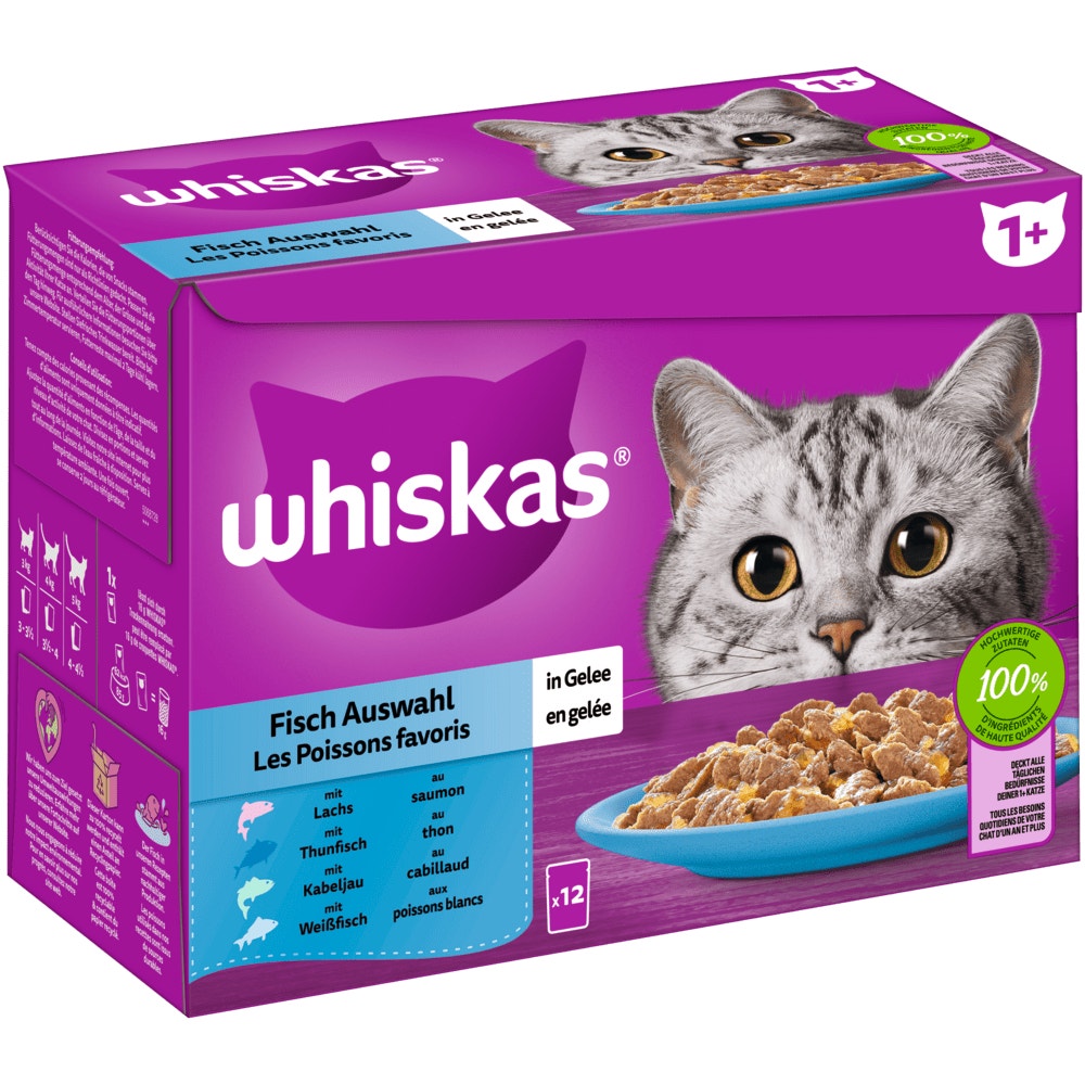 WHISKAS® 1+ Fisch Auswahl in Gelee, 12, 24, 40, 48 & 80 x 85g - 1