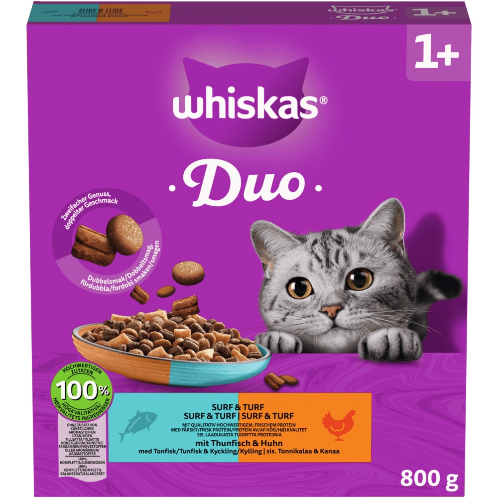 WHISKAS® Duo 1+ Surf & Turf, 800g, 1,9 & 7 kg - 1