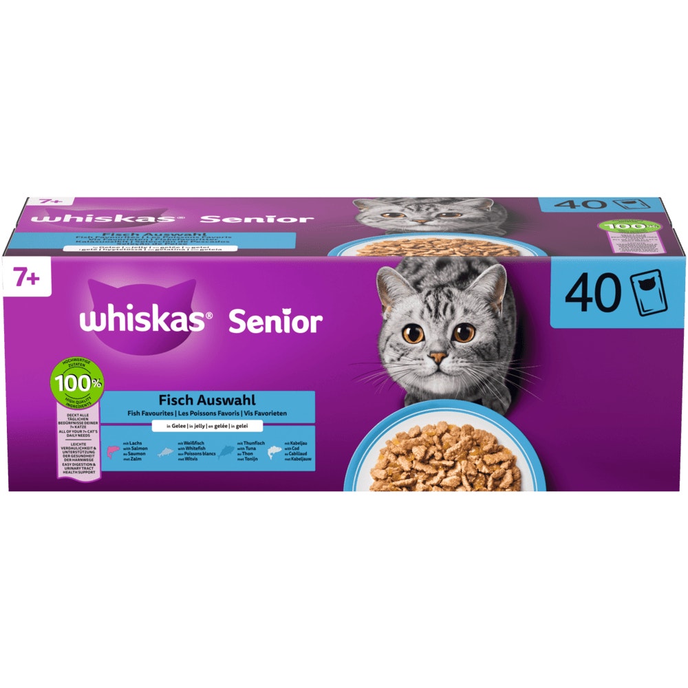 WHISKAS® 7+ Fisch Auswahl 4 Varietäten in Gelee, Multipack 40 x 85g - 1