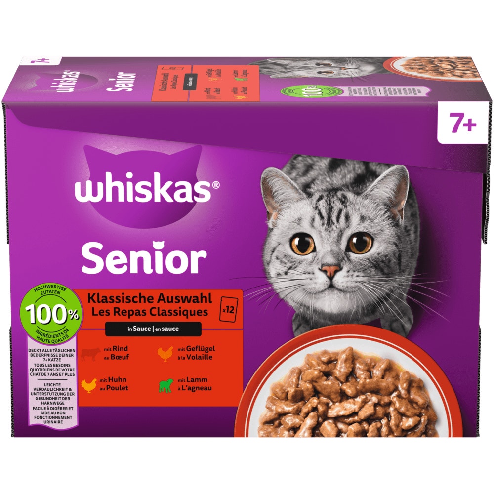 WHISKAS® 7+ Klassische Auswahl in Sauce, Multipack 12 x 85g - 1