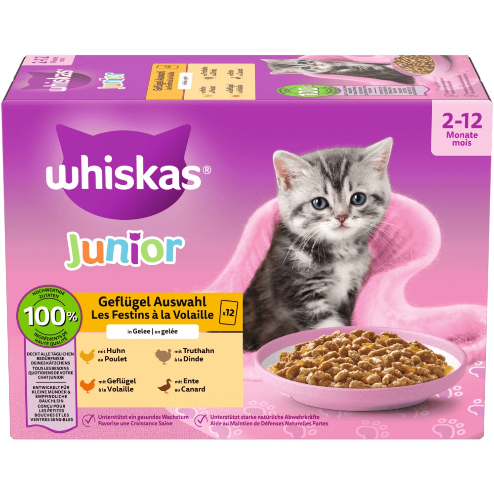 WHISKAS® Junior Geflügel Auswahl 4 Varietäten in Gelee, 12 & 40 x 85g - 1