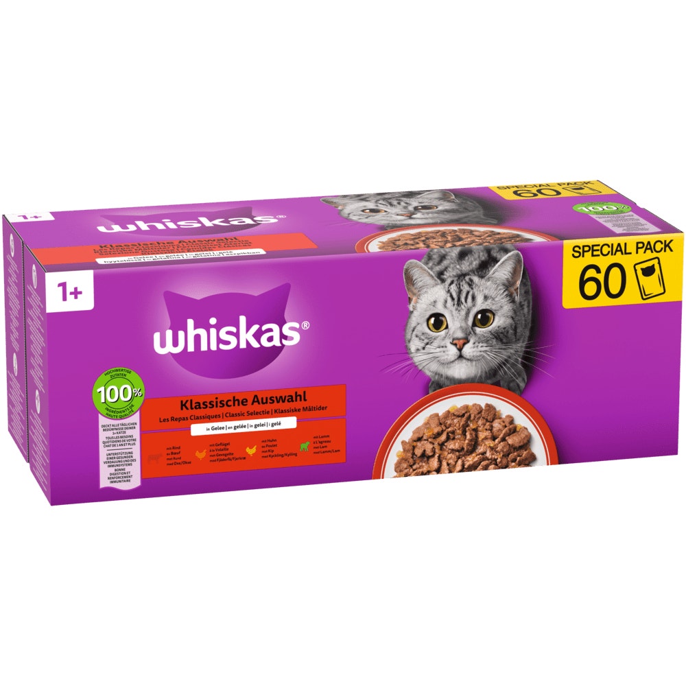 WHISKAS® 1+ Klassische Auswahl in Gelee, Multipack 60 x 85g - 1