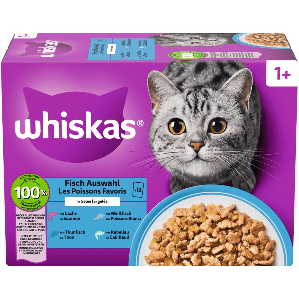 WHISKAS® 1+ Fisch Auswahl in Gelee, 12, 24, 40, 48 & 80 x 85g - 1