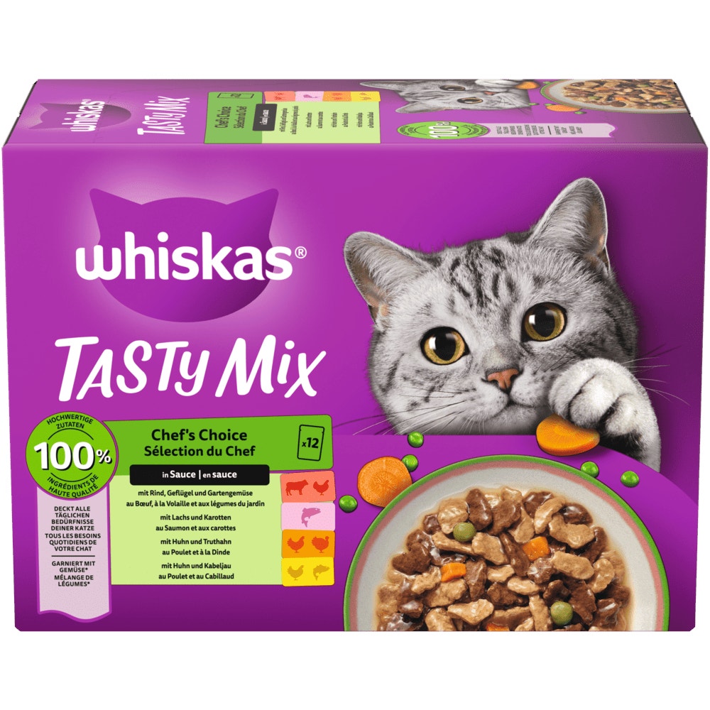 WHISKAS® Tasty Mix Chef's Choice in Sauce, Nassfutter, 12, 24, 40 & 60 x 85g - 1