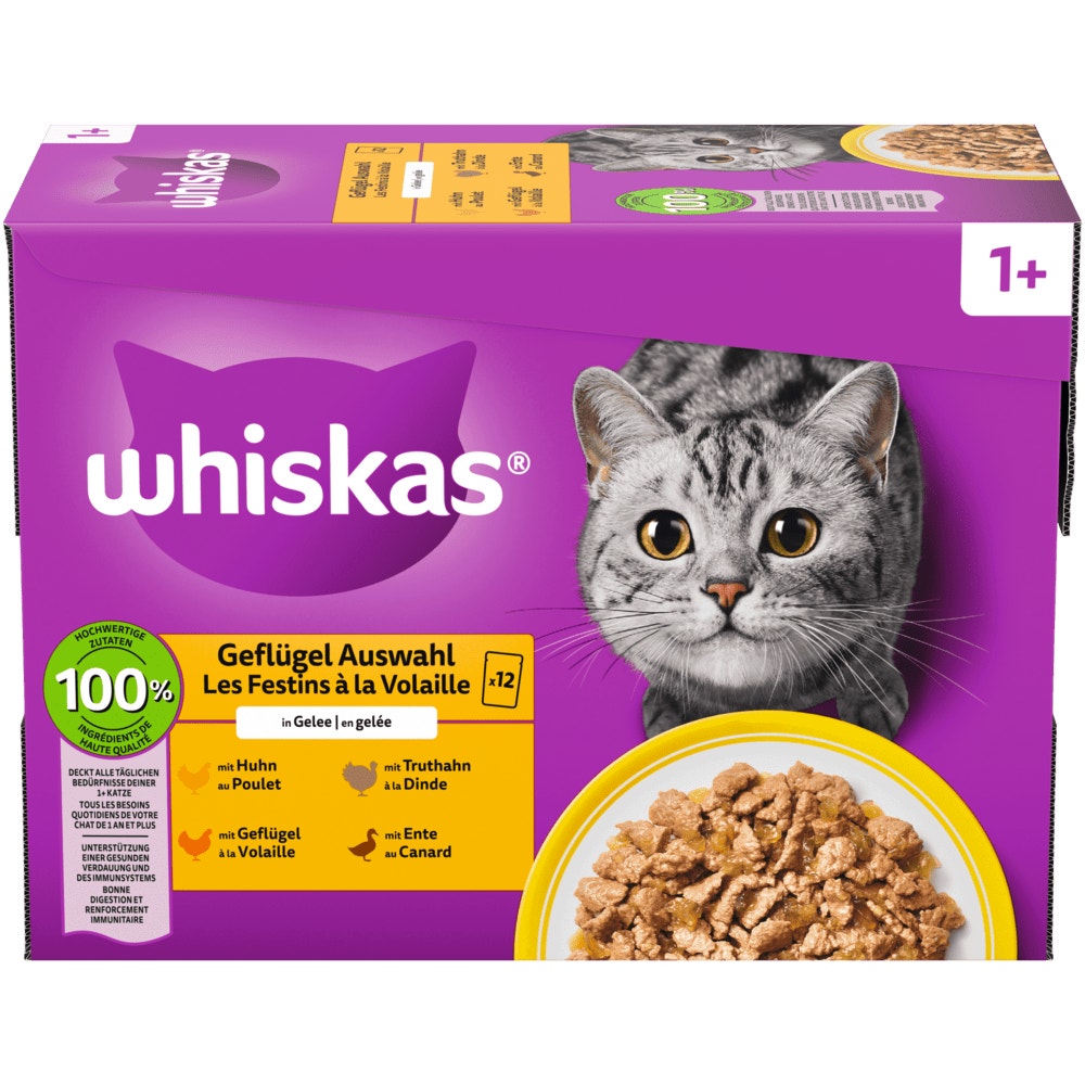 WHISKAS® 1+ Geflügel Auswahl 4 Varietäten in Gelee, 12, 40 & 80 x 85g - 1