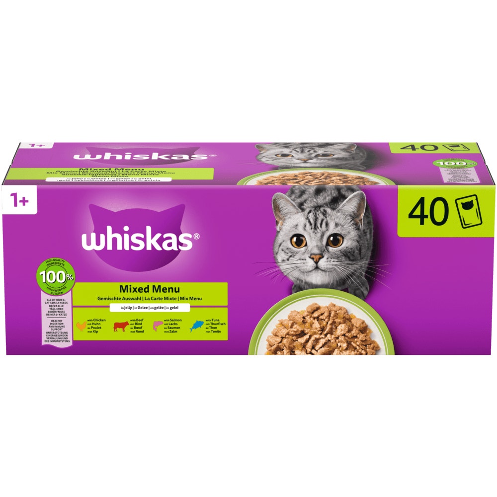 WHISKAS® 1+ Gemischte Auswahl 4 Varietäten in Gelee, Multipack 40 x 85g - 1