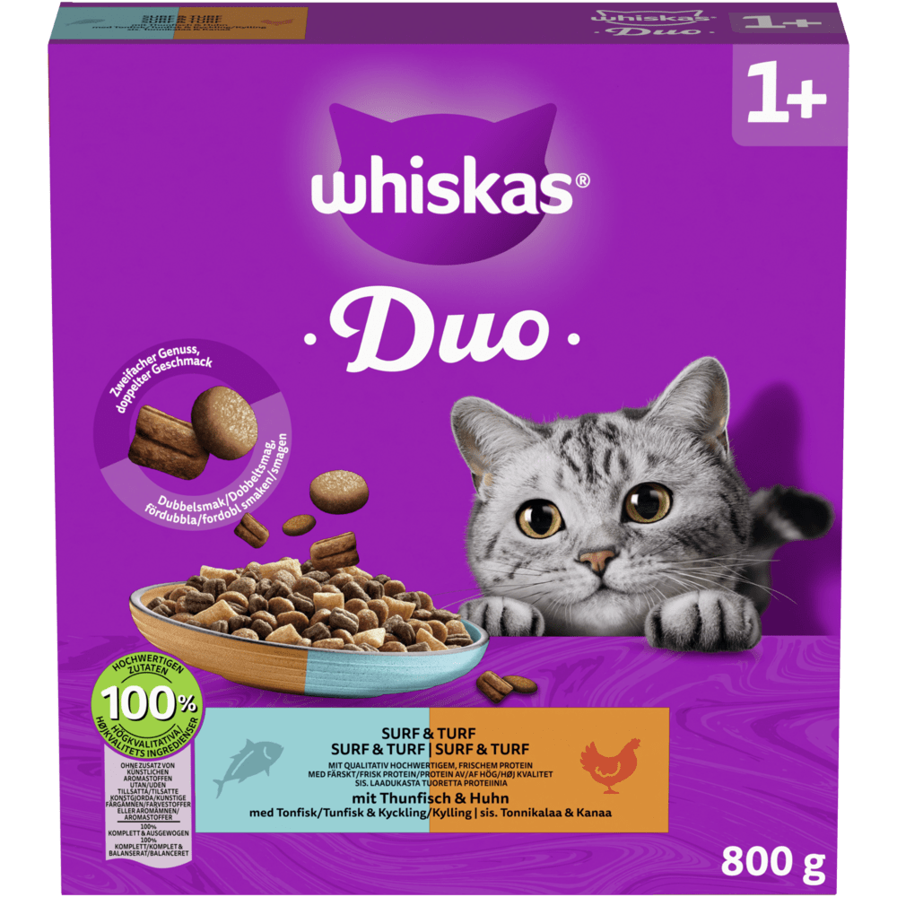 WHISKAS® Duo 1+ Surf & Turf, 800g, 1,9 & 7 kg - 1