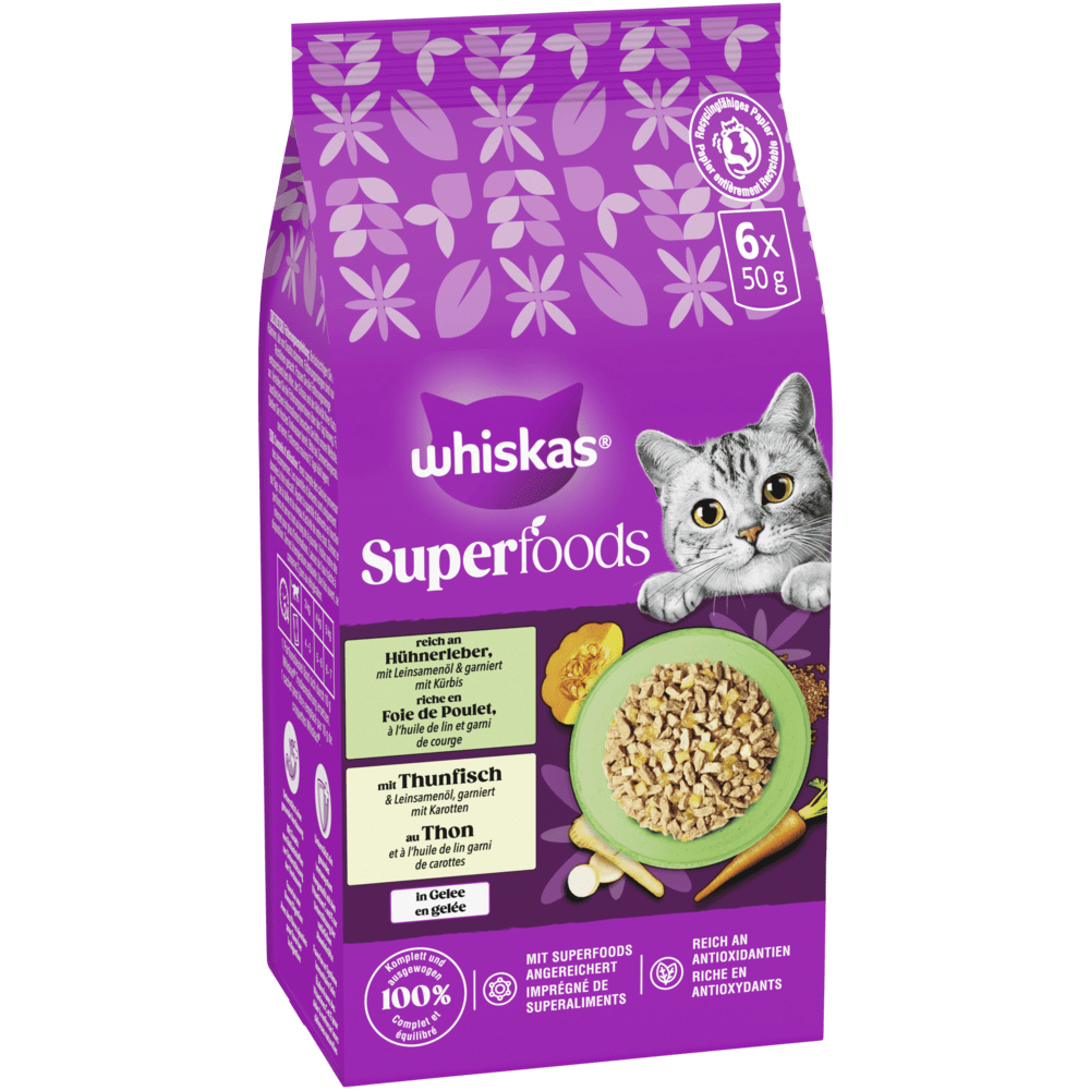 Superfoods 2 Varietäten Thunfisch & Karotten, Huhn & Leber in Gelee, Portionsbeutel